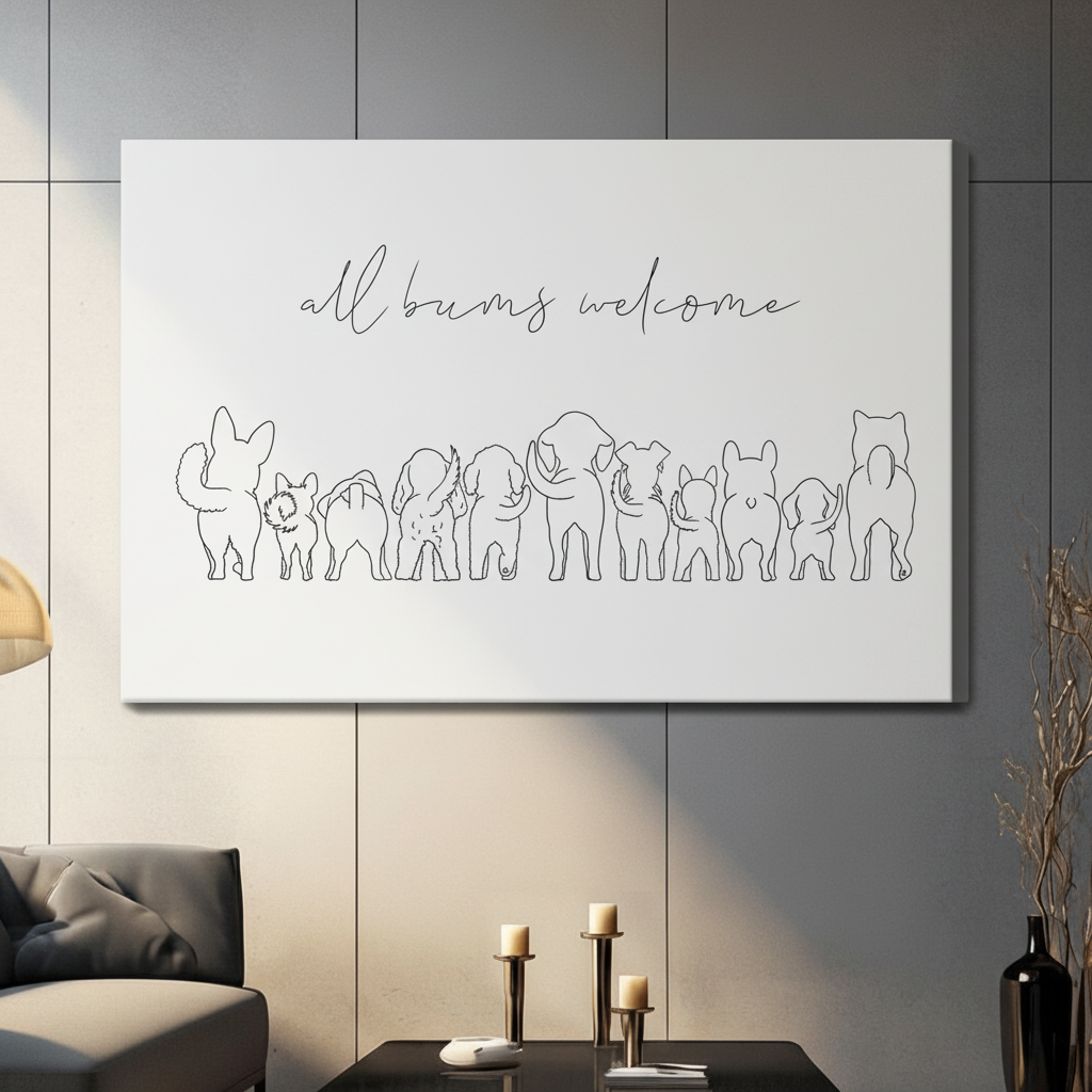 Stretched canvas wall art of a witty minimalist all bums welcome print featuring flowing script lettering above a charming lineup of animal rear view outlines including a bunny, cat, various dogs, elephant, pig, and French bulldog in delicate single-line black illustration on a pure white background, displayed on a dark gray tile wall above a gray sofa with candle holders and a black vase of dried botanicals