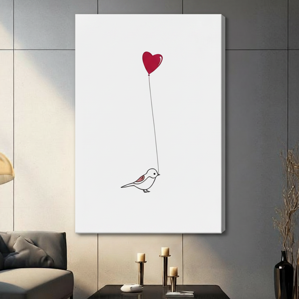 Minimalist line art bird with red heart balloon stretched canvas print displayed in contemporary living room decor
