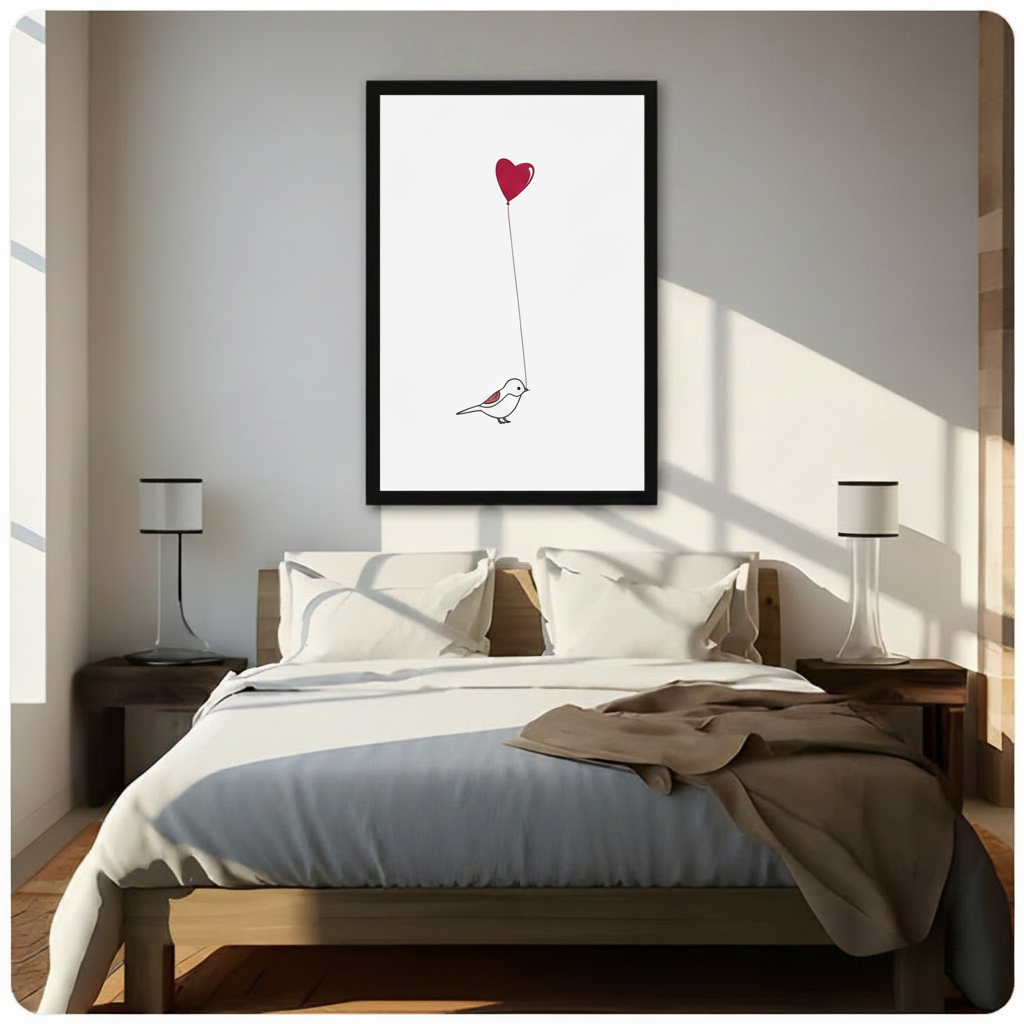 Minimalist bird heart balloon canvas wall art above bed in bright Scandinavian-style bedroom decor