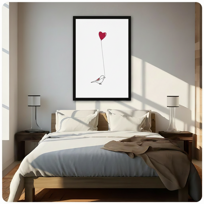 Minimalist bird heart balloon canvas wall art above bed in bright Scandinavian-style bedroom decor