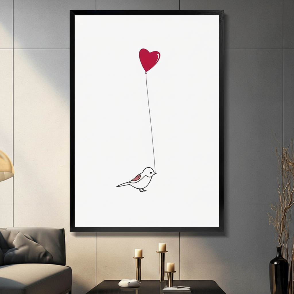 Minimalist bird heart balloon framed canvas wall art hanging in modern living room above candle holders