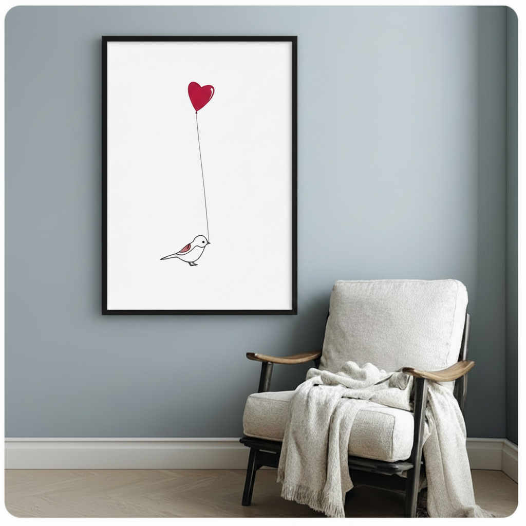 Simple bird and heart balloon framed wall art print beside white armchair in cozy reading nook