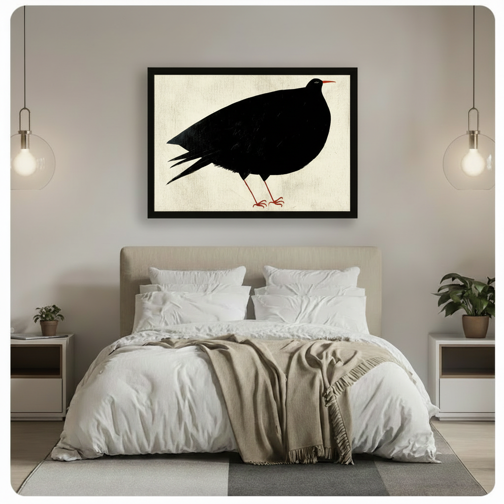 Minimalist black bird silhouette framed canvas wall art above white bed in neutral Scandinavian-style bedroom with glass pendant lights