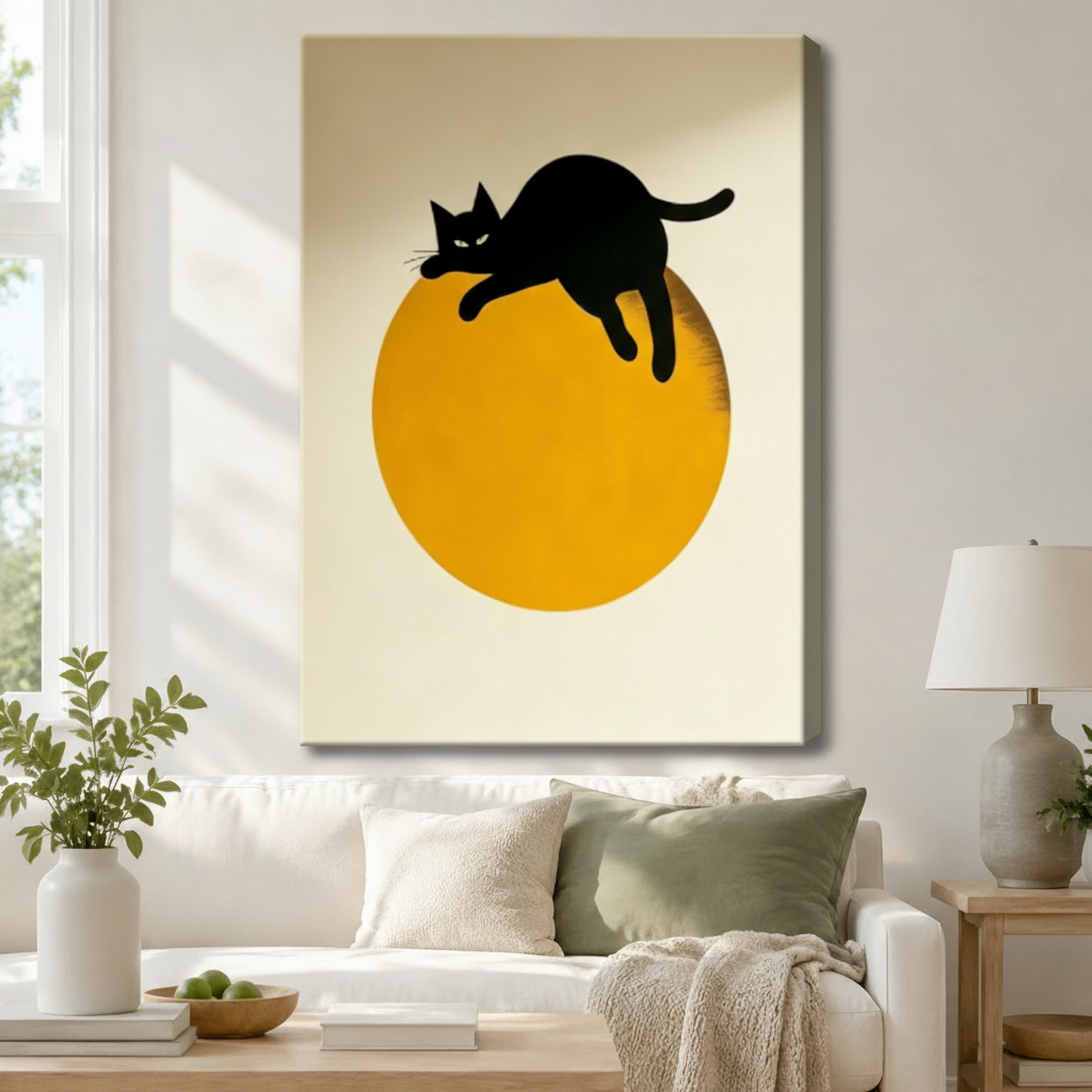 Stretched canvas wall art of a striking mid-century minimalist black cat and golden moon print featuring a bold black cat silhouette sprawled across the top of a large saturated amber orange circle with all four legs hanging loosely and a curved tail lifted, rendered in a clean three-tone black golden orange and warm cream palette with generous negative space, hung above a white sofa with sage green and cream pillows and a white ceramic table lamp in a bright airy living room