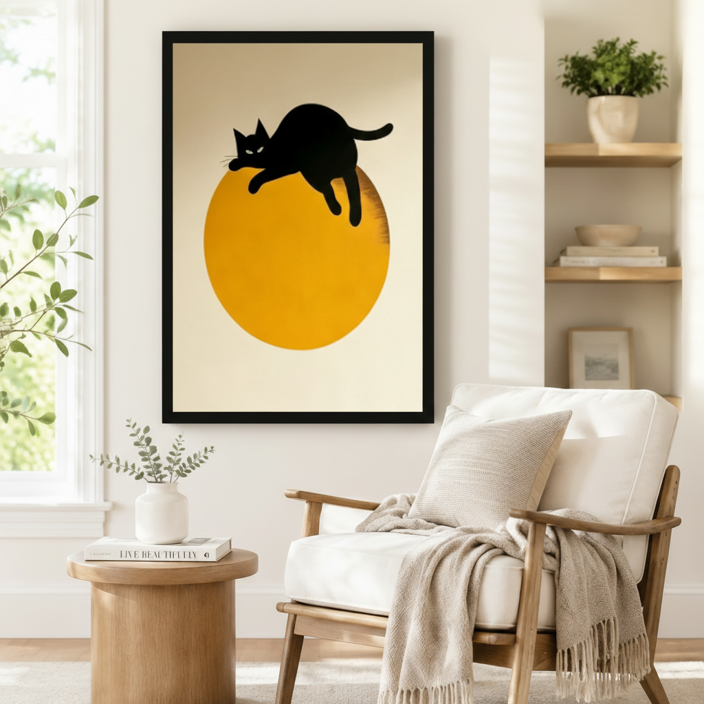 Black framed minimalist black cat moon canvas art showing a relaxed black cat silhouette draped over a large bold golden orange circle with legs dangling freely and tail gently curled upward and a cool sideways gaze on a warm off-white background in a bold minimal black gold and cream composition, displayed on a white wall beside a white wooden armchair with a cream fringed throw and a round wood side table with stacked books