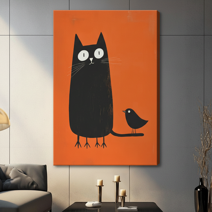 Gallery wrapped canvas of a wide-eyed black cat with a tiny black bird perched on its tail against a vibrant orange background, unframed wall art on a grey tiled wall above a console table with candle holders in a contemporary living room