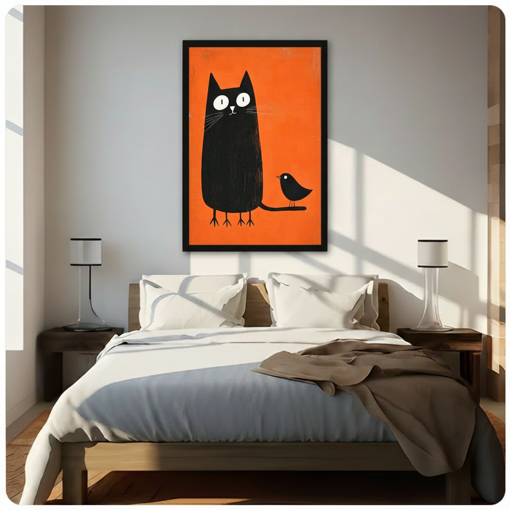 Black framed minimalist black cat and bird orange wall art above a dark wood bed with white and grey linen bedding, a taupe throw blanket, dark wood nightstands, and glass table lamps in a sunlit modern bedroom