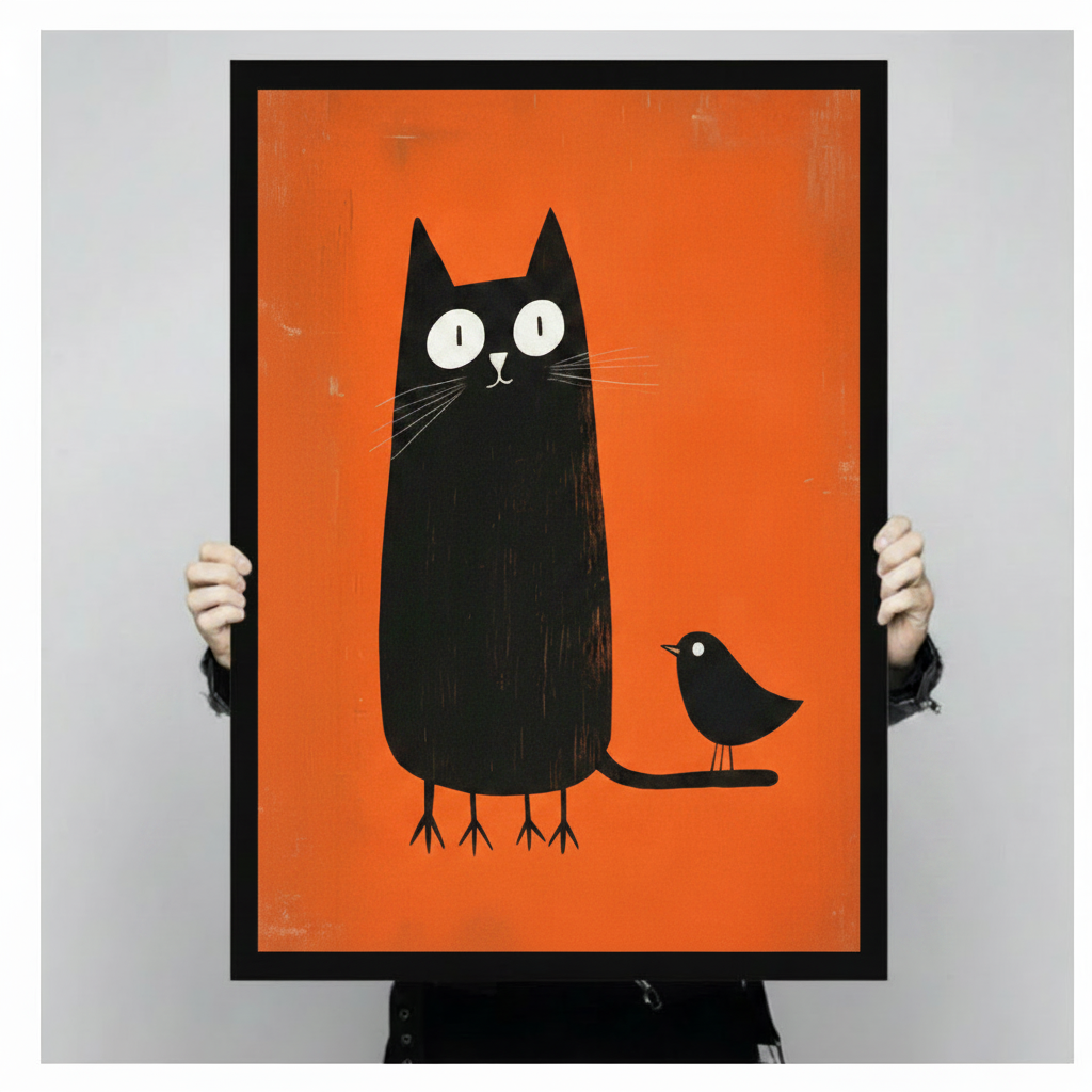  Person holding a black framed minimalist black cat with a small bird on its tail against a bright orange background, full front view of bold whimsical animal illustration wall art poster print against a light grey backdrop