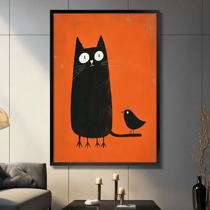 Minimalist black cat and small bird illustration on a bold orange background in a black frame, hung on a grey tiled wall above a console table with candle holders and a table lamp in a modern living room