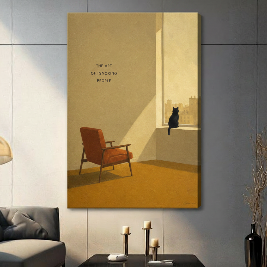 Stretched canvas wall art featuring a solitary black cat perched on a sunlit windowsill overlooking a city skyline with the art of ignoring people quote and a vintage orange mid-century armchair, hung on a dark gray wall with candlestick decor