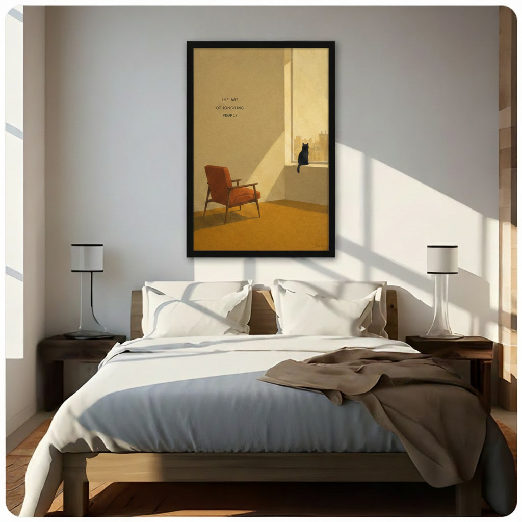 Black framed minimalist black cat sitting on windowsill canvas art with warm amber tones and the art of ignoring people text, hung above a wooden bed frame in a sun-drenched Scandinavian bedroom with crisp white linen bedding and matching cylindrical nightstand lamps
