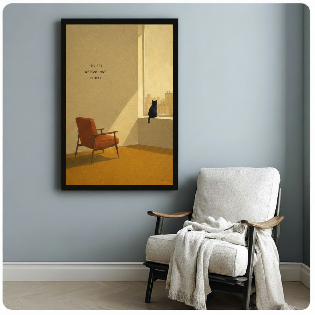 Black framed black cat window canvas art with warm amber interior scene and the art of ignoring people typography, displayed on a soft blue-gray wall beside a white upholstered armchair draped with a cream linen throw blanket in a cozy reading corner