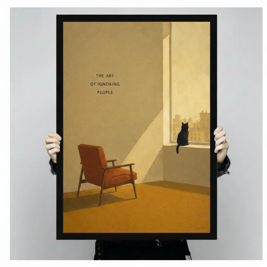 Person holding a large black framed minimalist black cat canvas art print showing a cat silhouette on a golden-lit windowsill with city view and the art of ignoring people quote against a light gray studio background