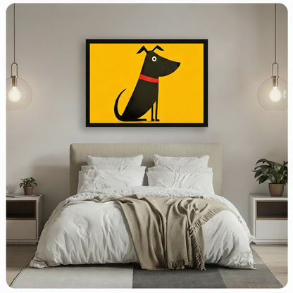 Black dog yellow canvas wall art in black frame above a bed with white linen bedding, a taupe throw blanket, white nightstands, potted plants, and globe pendant lights in a modern bedroom