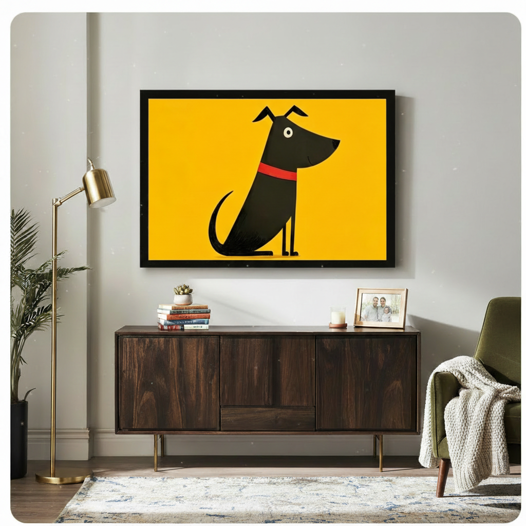 Minimalist yellow background black dog canvas print in black frame above a dark walnut sideboard with stacked books and a succulent, gold floor lamp and green armchair in a modern living room