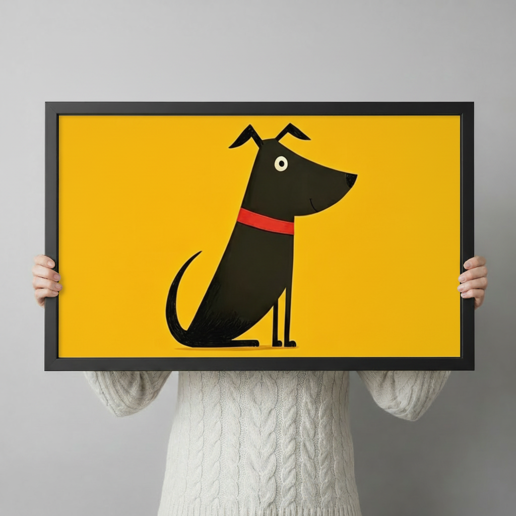 Minimalist black dog with red collar framed canvas wall art held up against a light gray background, bold yellow print in black wood frame, horizontal landscape format