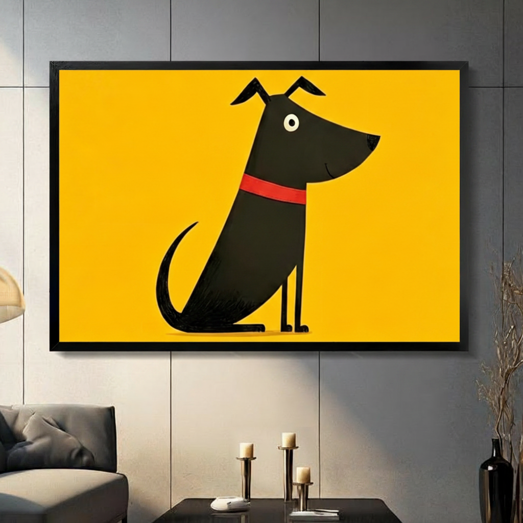 Minimalist black dog with red collar framed canvas wall art on a gray tile wall above a coffee table with candle holders, bold yellow background, modern living room decor