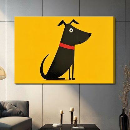 Gallery wrap stretched canvas of a cute black dog with red collar on a vibrant yellow background, displayed on a gray paneled wall in a contemporary living room