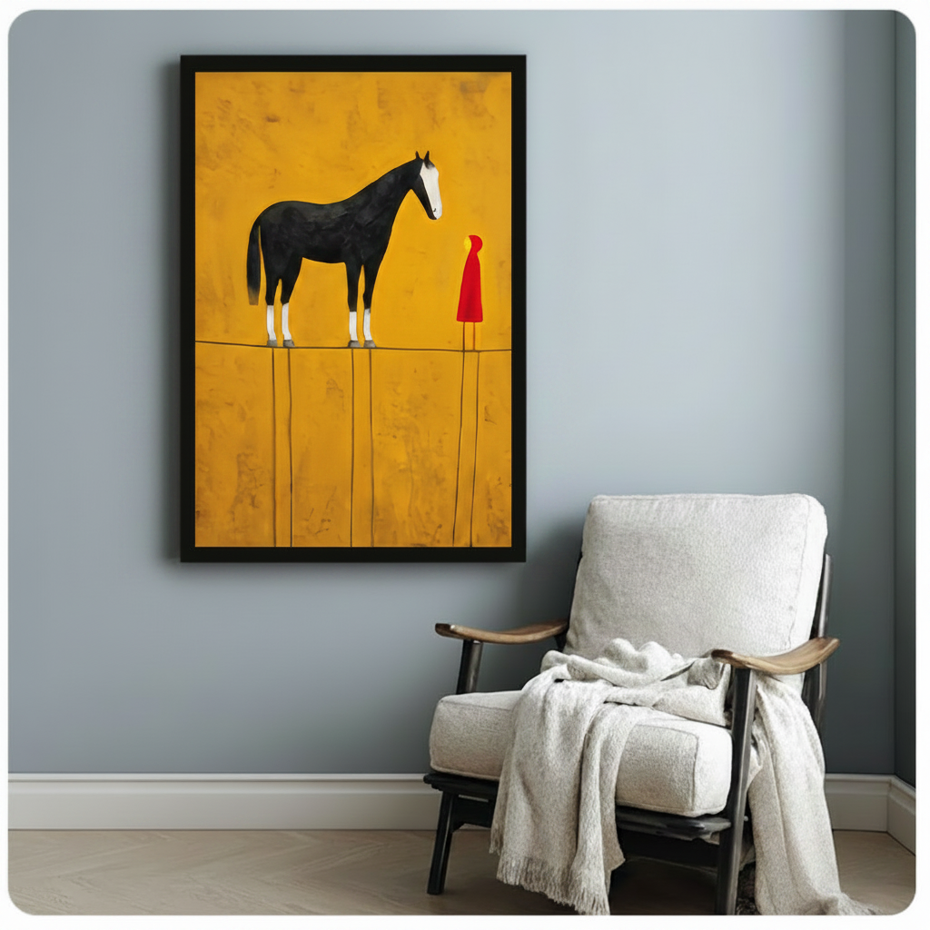 Black framed modern minimalist oil painting sleek black stallion with white facial stripe gazing down at tiny red hooded figure on narrow horizon line against aged amber brushstroke background canvas print on pale blue-grey wall beside white wood arm accent chair with draped cream throw - evocative black horse and red figure narrative wall art for cozy reading nook decor