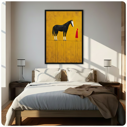 Framed modern minimalist oil painting sleek black stallion with white facial stripe gazing down at tiny red hooded figure on narrow horizon line against aged amber brushstroke background canvas print above dark walnut bed with white linen in sunlit minimalist bedroom with twin slim table lamps - evocative black horse and red figure narrative wall art for contemporary bedroom decor