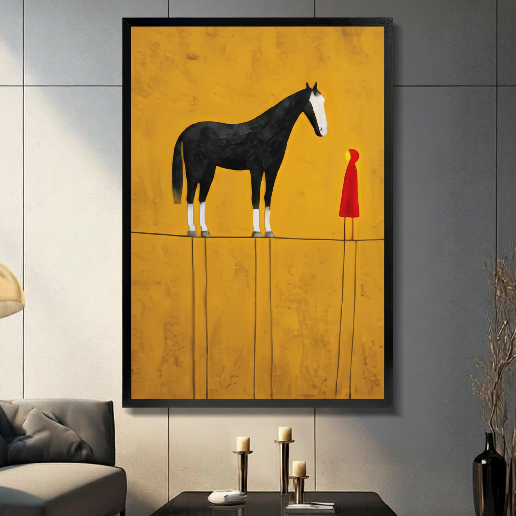 Framed modern minimalist oil painting tall black horse with white blaze facing small red cloaked figure standing together on thin horizon line against warm golden ochre textured background canvas print on dark grey tile wall in modern living room - surreal black horse and red figure encounter wall art for contemporary home decor