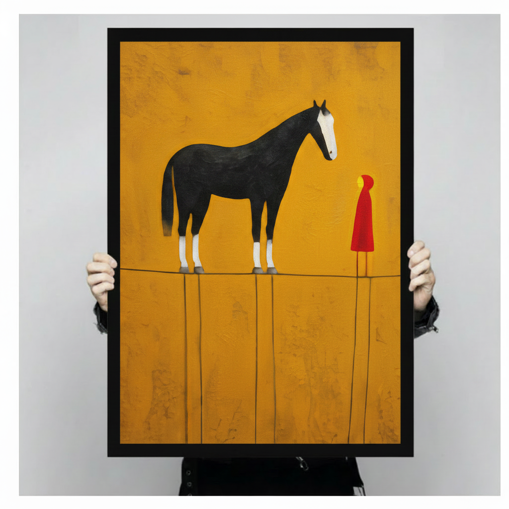 Person holding large framed modern minimalist oil painting tall black horse with white blaze facing small red cloaked figure on thin horizon line against warm golden ochre textured background canvas print with both hands - close up size reference of surreal black horse and red figure encounter wall art with black frame finish