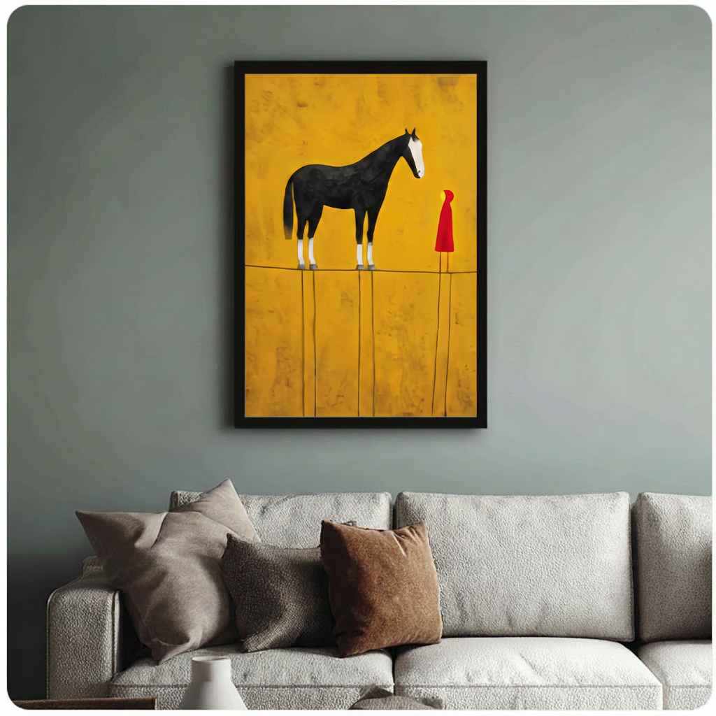Framed modern minimalist oil painting tall black horse with white blaze facing small red cloaked figure standing together on thin horizon line against warm golden ochre textured background canvas print on sage blue-grey wall above cream textured sofa with mixed throw pillows - surreal black horse and red figure encounter wall art for stylish living room decor