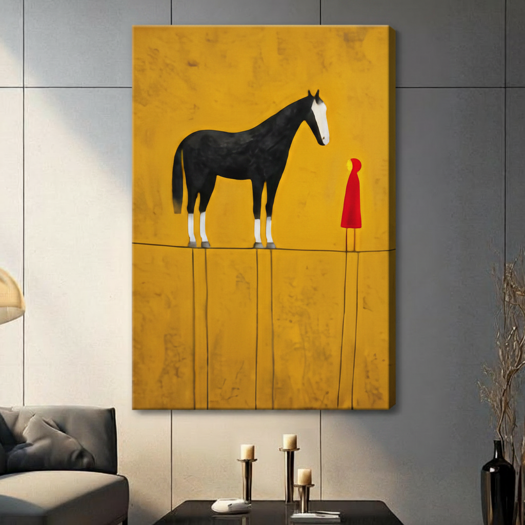 Unframed modern minimalist oil painting sleek black stallion with white facial stripe gazing down at tiny red hooded figure on narrow horizon line against aged amber brushstroke background canvas print on dark grey tile wall in contemporary living room - evocative black horse and red figure narrative wall art for modern interior decor