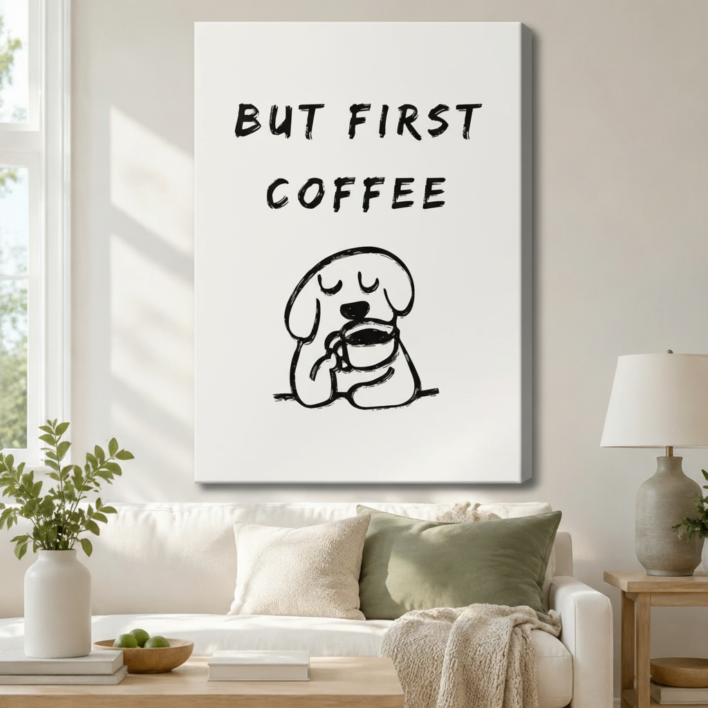 Stretched canvas wall art of a whimsical minimalist but first coffee quote print with bold hand-lettered text above a chubby cartoon dog with closed eyes contentedly holding a coffee mug in loose black line art on a clean white background, hung above a white sofa with sage green and cream pillows and a white ceramic table lamp in a bright airy living room