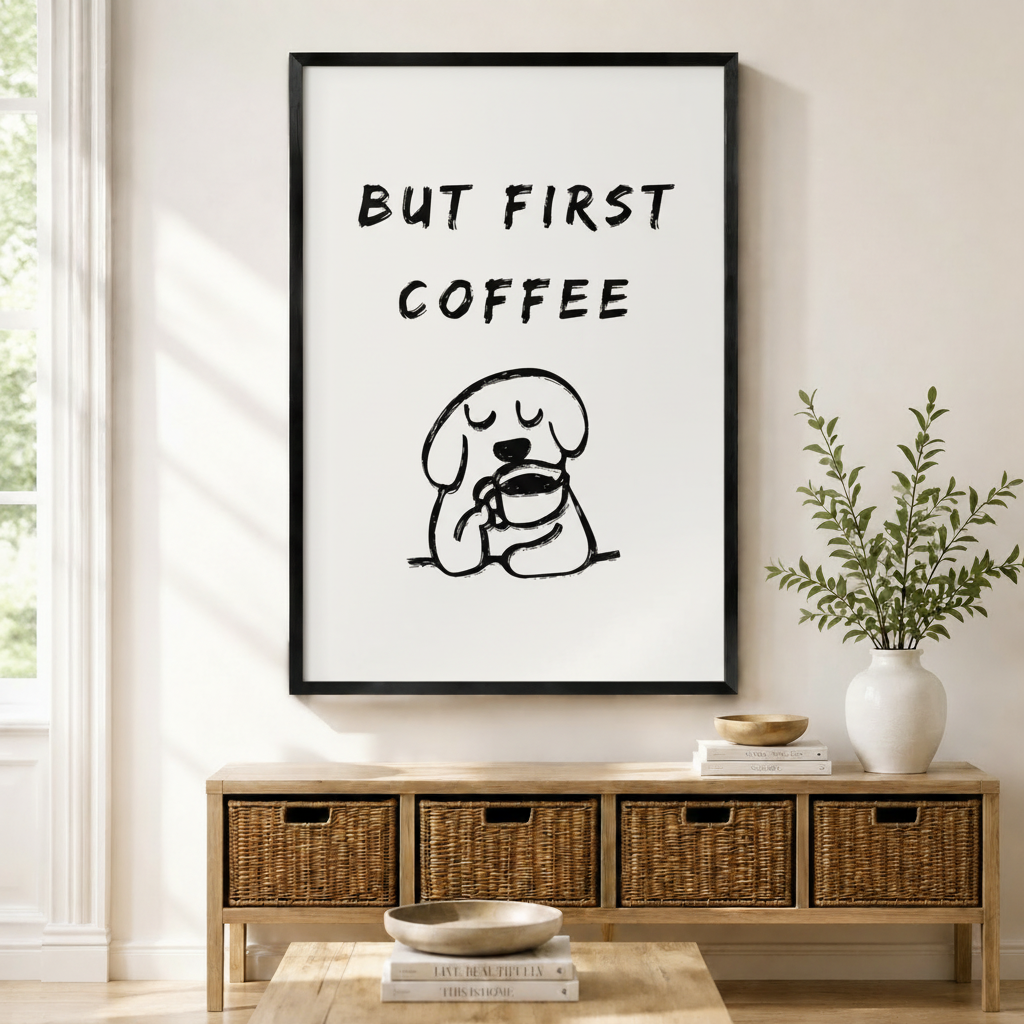 Black framed minimalist but first coffee sleepy dog canvas art with bold brush-lettered text but first coffee above a cute round cartoon dog with closed eyes hugging a coffee cup in black line art on a white background, displayed on a light wall above a wooden rattan storage bench with a white ceramic vase of greenery and stacked books on the floor