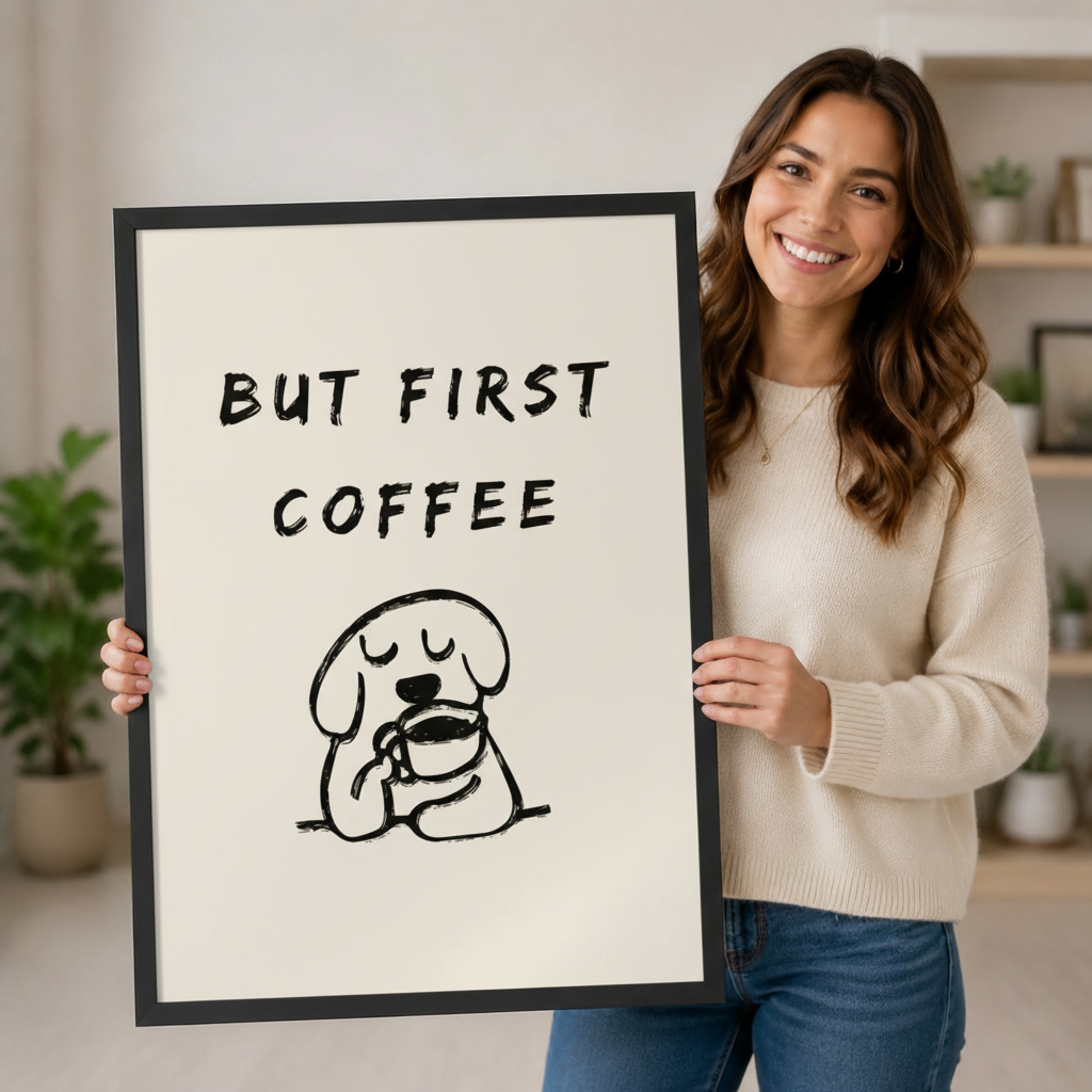 Smiling woman holding a large vertical black framed minimalist but first coffee dog canvas art print showing bold hand-lettered text above a cute chubby cartoon dog with closed eyes cradling a coffee mug in black line art on a cream background in a bright plant-filled room