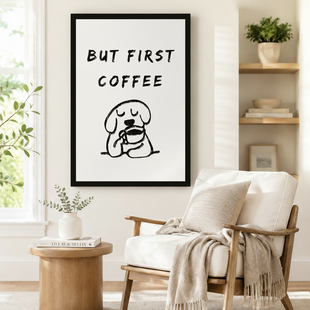 Black framed minimalist coffee lover dog canvas art showing bold brush-script but first coffee lettering above a sleepy round cartoon dog hugging a coffee cup in expressive black line art on a white background, displayed on a white wall beside a white wooden armchair with a cream throw blanket and a round wood side table with books