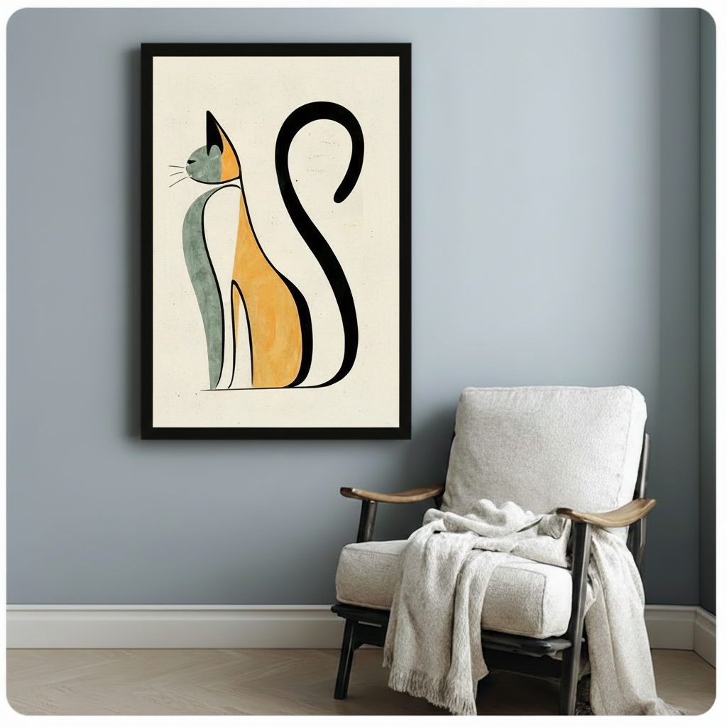 Framed minimalist cat line art in amber and grey-green beside linen armchair in cozy reading nook — Matisse-inspired modern wall decor
