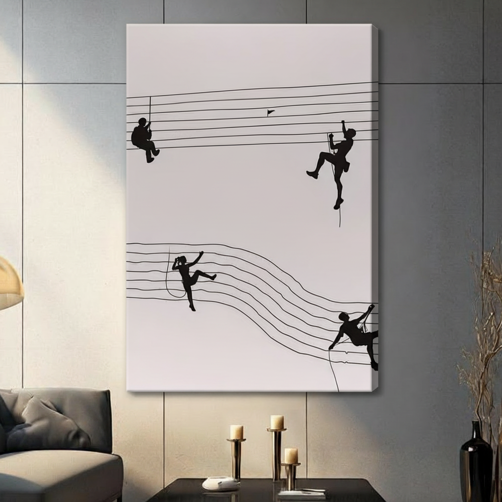 Unframed stretched canvas print of four bold black climber silhouettes rappelling and ascending along five undulating lines evoking a music staff in minimalist monochrome style on a warm cream background in a modern living room