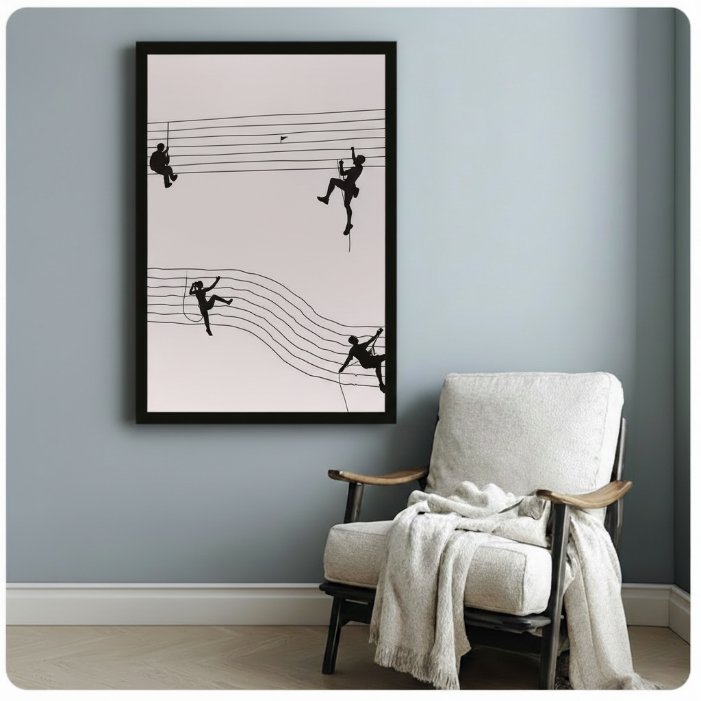 Black framed minimalist climber silhouette canvas art print with four figures climbing wavy music staff lines in bold black on cream background on a blue-grey wall beside a white upholstered armchair with draped cream throw