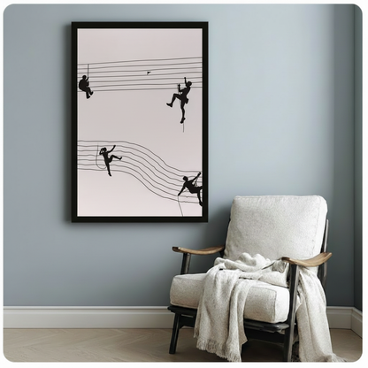 Black framed minimalist climber silhouette canvas art print with four figures climbing wavy music staff lines in bold black on cream background on a blue-grey wall beside a white upholstered armchair with draped cream throw