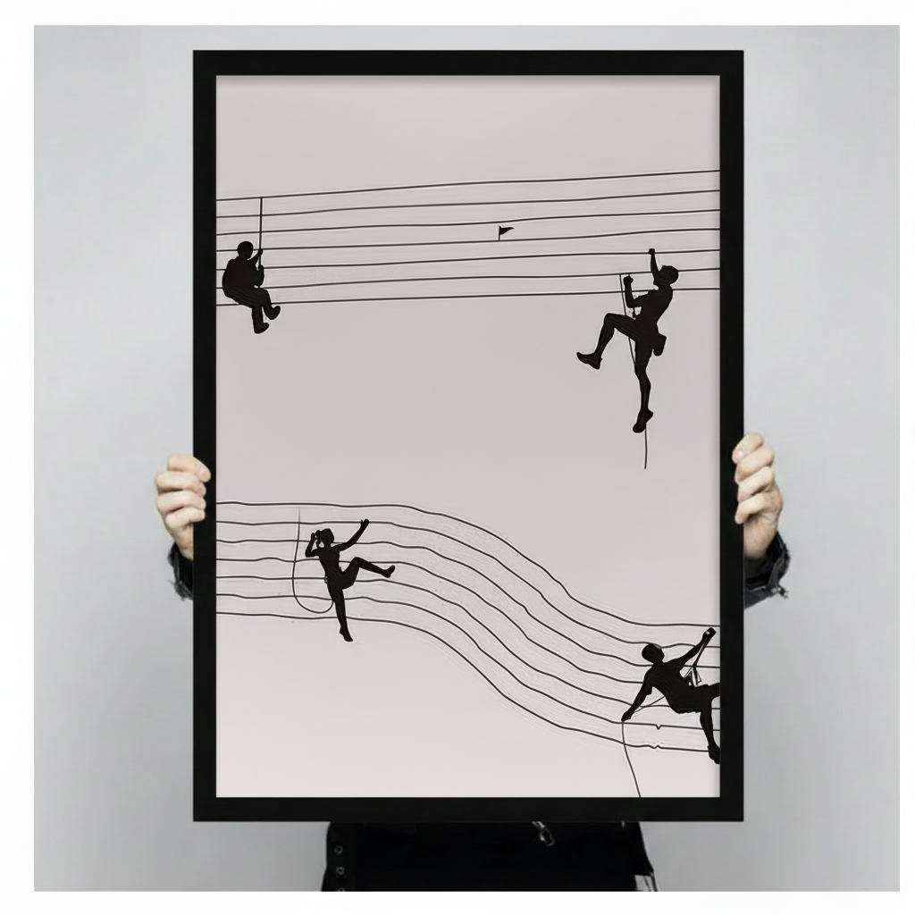 Person holding a large black framed minimalist climber silhouette canvas art print showing print size scale with four black figures scaling five wavy lines resembling a music staff on a pale cream background