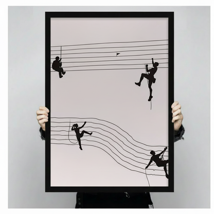 Person holding a large black framed minimalist climber silhouette canvas art print showing print size scale with four black figures scaling five wavy lines resembling a music staff on a pale cream background