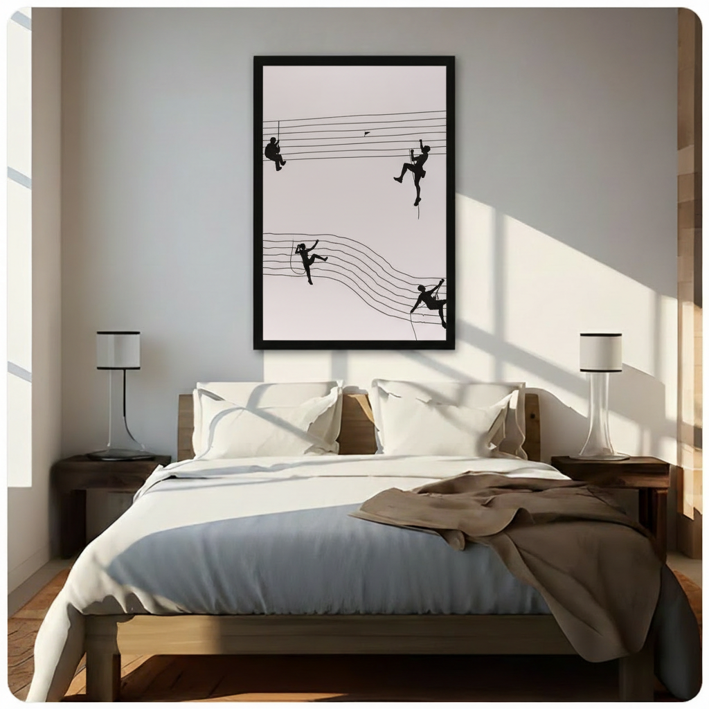 Framed minimalist black and white climber silhouette canvas wall art with four figures rappelling along five undulating music staff lines on a soft cream background hung above a dark walnut bed with white bedding in a sunlit modern bedroom