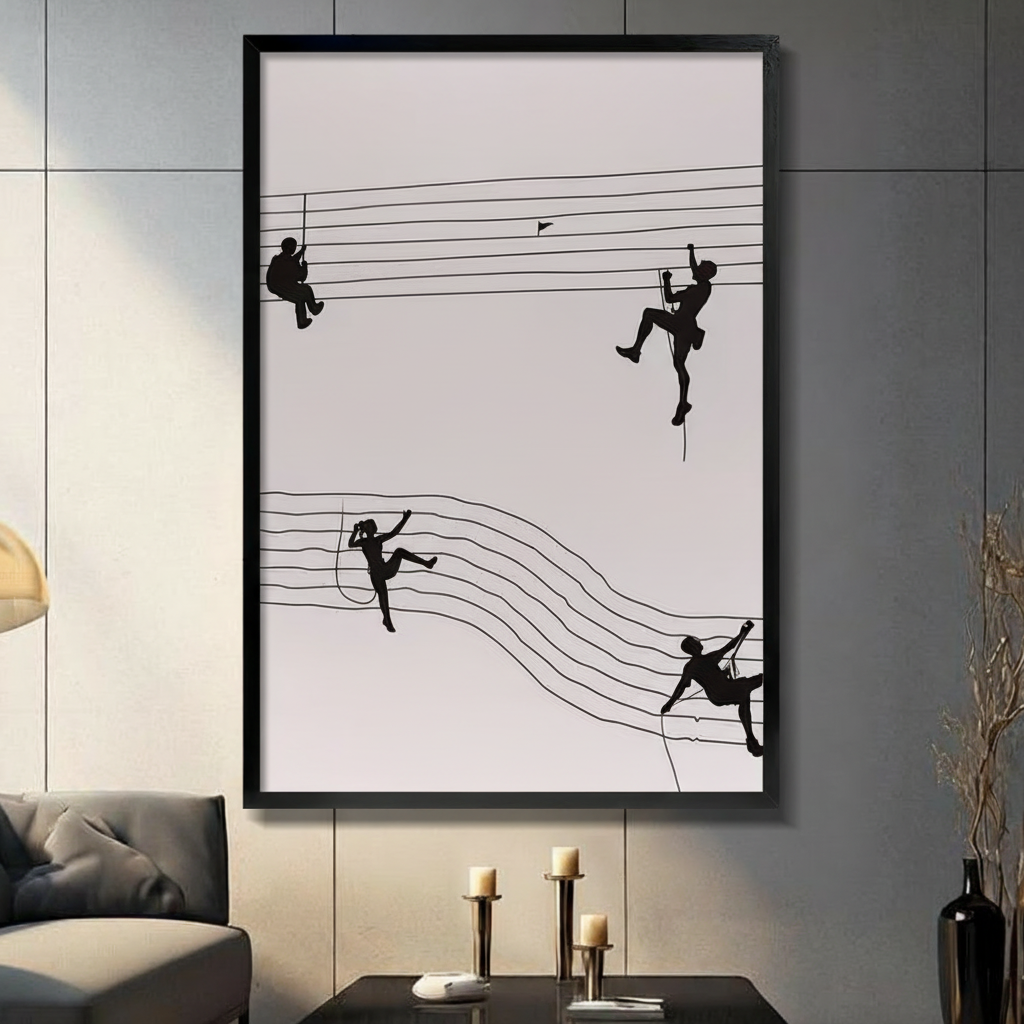 Framed minimalist black and white canvas wall art of four rock climber silhouettes scaling five wavy lines resembling a music staff with a small flag on a cream background displayed on a dark grey wall in a modern living room