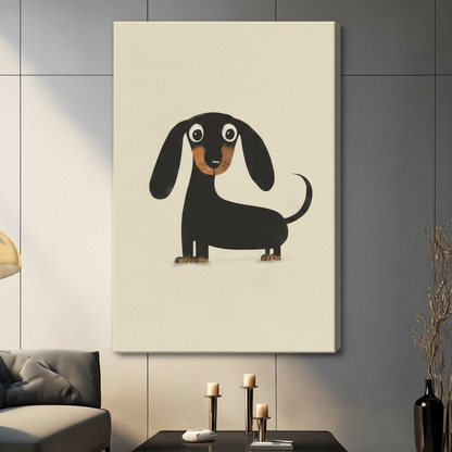 Gallery wrap stretched canvas of a cute minimalist dachshund illustration hung frameless on a dark gray wall above candlestick holders and a black decorative vase