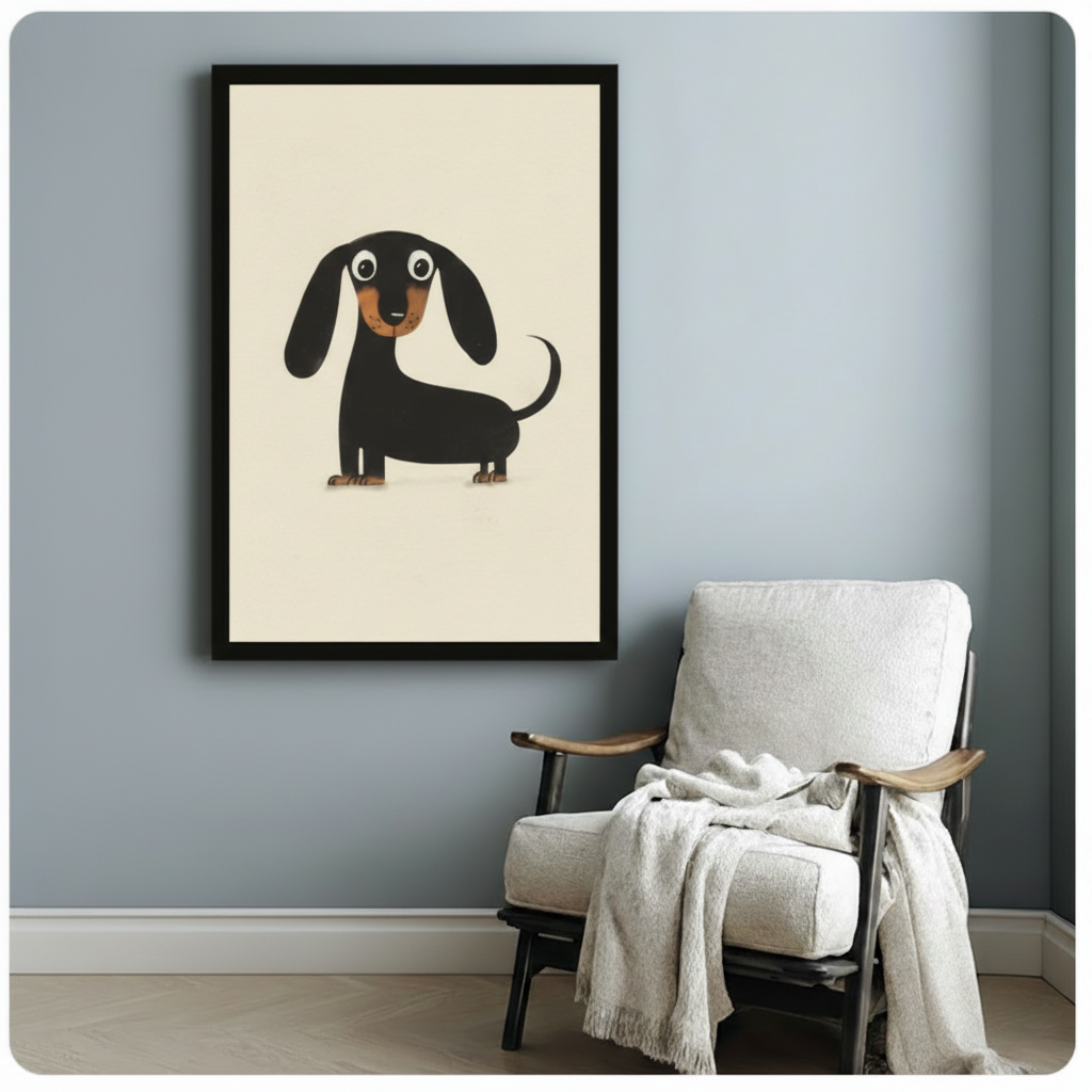 Black framed cute dachshund dog canvas print hung on a soft blue-gray wall beside a white linen wood folding chair with a draped cream knit throw blanket