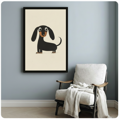 Black framed cute dachshund dog canvas print hung on a soft blue-gray wall beside a white linen wood folding chair with a draped cream knit throw blanket