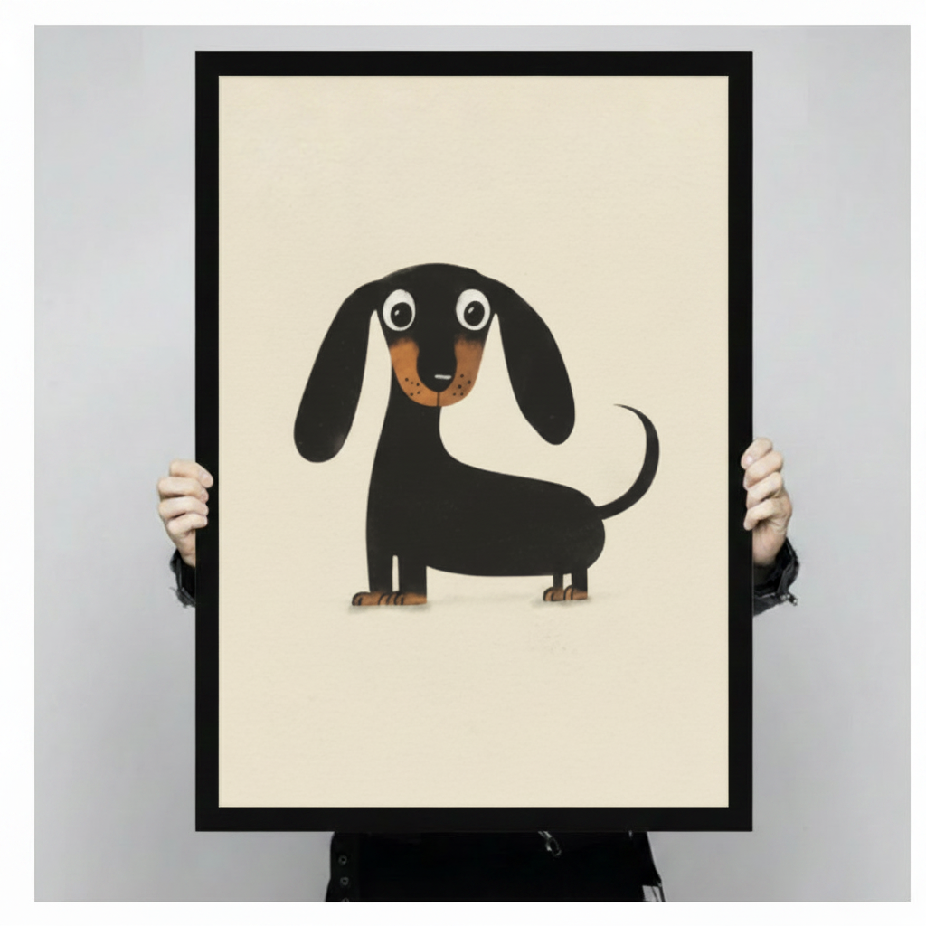 Hands holding a large black framed minimalist dachshund canvas art print against a neutral light gray background, front-facing product size display