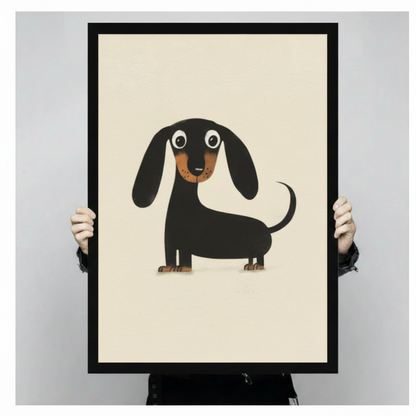 Hands holding a large black framed minimalist dachshund canvas art print against a neutral light gray background, front-facing product size display