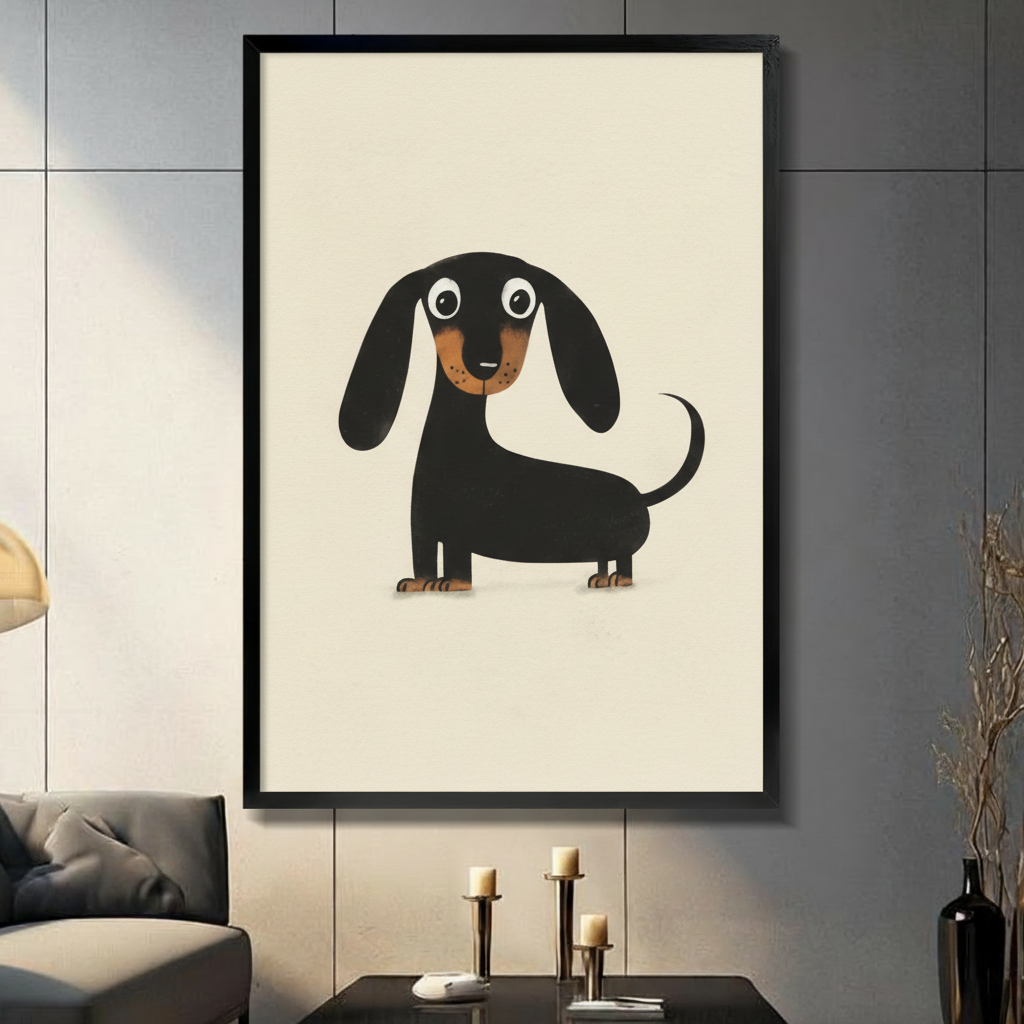 Black framed minimalist dachshund canvas wall art with beige background displayed in a modern dark gray living room with candlesticks and tall black vase