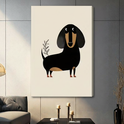 Stretched canvas wall art of a cute minimalist black and tan dachshund in a flat geometric illustration style with a delicate olive branch sprig beside its tail on a soft cream background, hung on a dark gray tile wall beside a modern charcoal sofa with candlestick and black vase decor