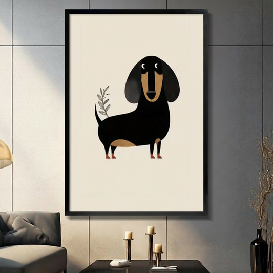 Black framed minimalist dachshund with olive branch canvas art featuring a flat geometric black and tan wiener dog standing beside a delicate hand-drawn olive sprig on a clean cream background, displayed on a dark gray tile wall above a console table with pillar candlesticks beside a charcoal sofa and a tall black vase