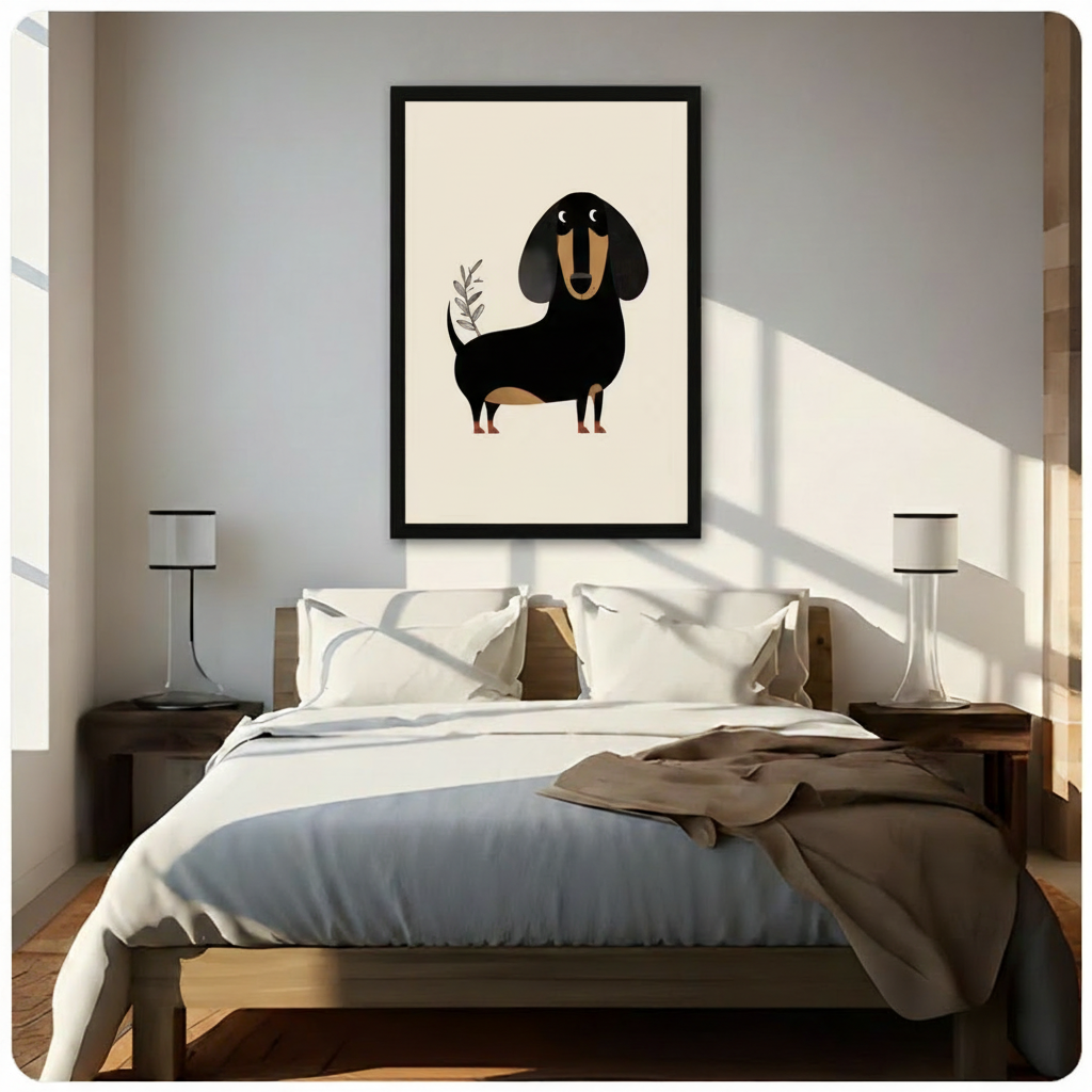 Black framed minimalist boho dachshund with olive branch canvas art featuring a rounded flat-style black and tan wiener dog on a soft cream background, hung above a wooden bed frame in a sun-drenched Scandinavian bedroom with crisp white linen bedding, matching cylindrical nightstand lamps, and warm diagonal light streaming through the window