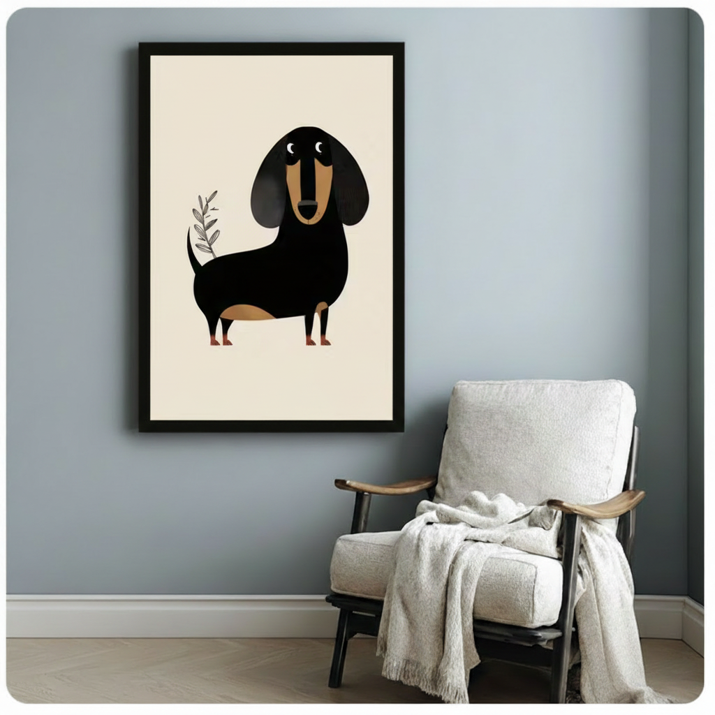 Black framed modern minimalist dachshund canvas art with a rounded flat-style black and tan wiener dog and a hand-drawn olive branch on a warm cream background, displayed on a soft blue-gray wall beside a white upholstered folding armchair draped with a cream linen throw blanket